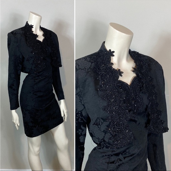 scott mcclintock Brocade Jeweled Beaded -2 Piece Dress & Bolero Jacket Vintage - Picture 1 of 16